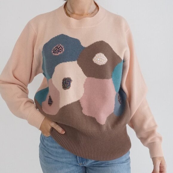 Vintage L.L. European Fashion Pink Brown 5% Angora 55% Lambswool Knit Sweater M - Picture 1 of 11